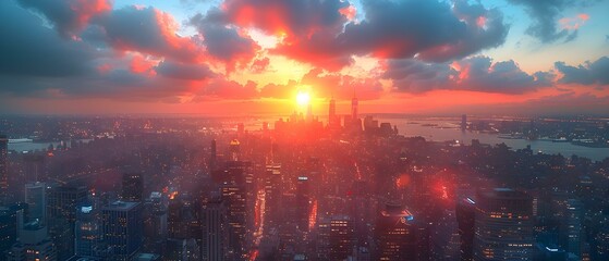 Fototapeta premium Breathtaking Sunset Over New York City Skyline with Colorful Clouds and City Lights Illuminating the Horizon
