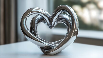 Abstract 3D sculpture of intertwining hearts in a metallic finish on a white surface.