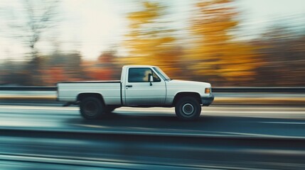 Obraz premium White Pickup Truck Speeding Through Autumn Landscape