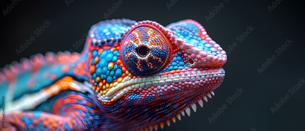 Poster colorful chameleon with vibrant patterns and textures captured in stunning detail against a dark bac