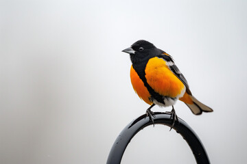 Obraz premium A close-up shot of a small bird with vibrant yellow and black plumage perched on a curved black metal rod
