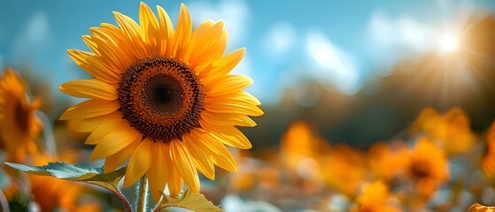 Fototapeta premium Vibrant Sunflower in Bloom under Blue Sky with Soft Sunlight Accentuating Bright Yellow Petals and Green Leaves