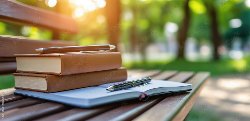 Poster a serene outdoor scene featuring stacked books and a notebook with a pen on a bench, illuminated by 