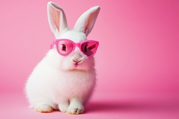Obraz premium Adorable white bunny wearing pink sunglasses against a pink background. Perfect for Easter, spring, or fashion-related projects.