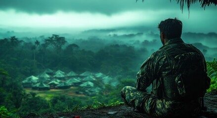 Soldier overlooking a misty jungle settlement.