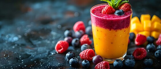 Refreshing Mango and Berry Smoothie Garnished with Fresh Berries and Mint Leaves on Dark Background