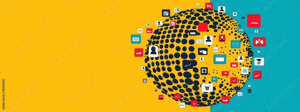 Poster a colorful background with a large circle of icons