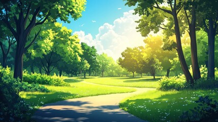 Obraz premium Sunny path winding through lush green summer park.