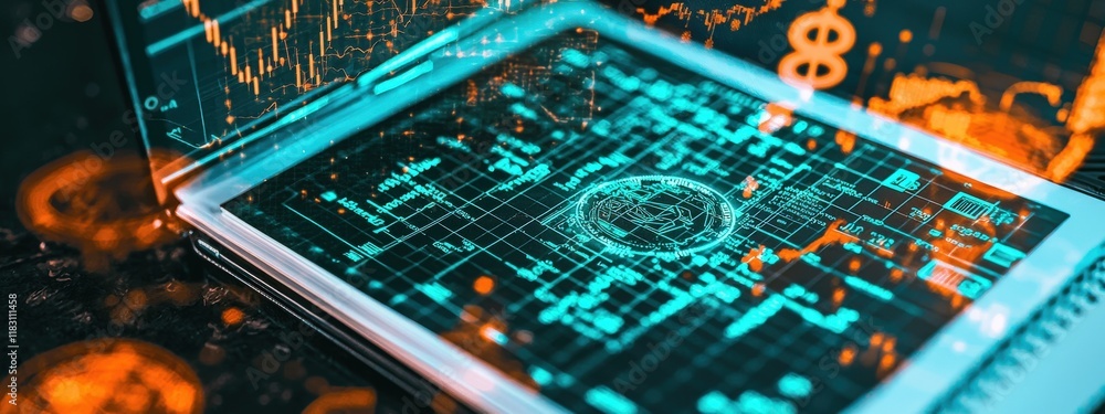 Poster a computer screen with a green background and orange and blue lines