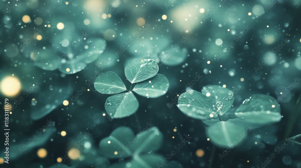 Poster clover leaves sparkle with dew drops amidst softly glowing bokeh lights, creating a tranquil and enc
