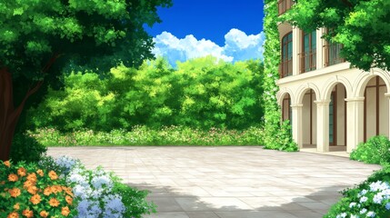 Obraz premium Sunny Courtyard Mansion Anime Background Illustration