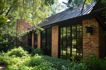 Nestled amidst vibrant greenery, this charming brick building stands elegantly in a serene garden, basking in the warmth of a sunny day