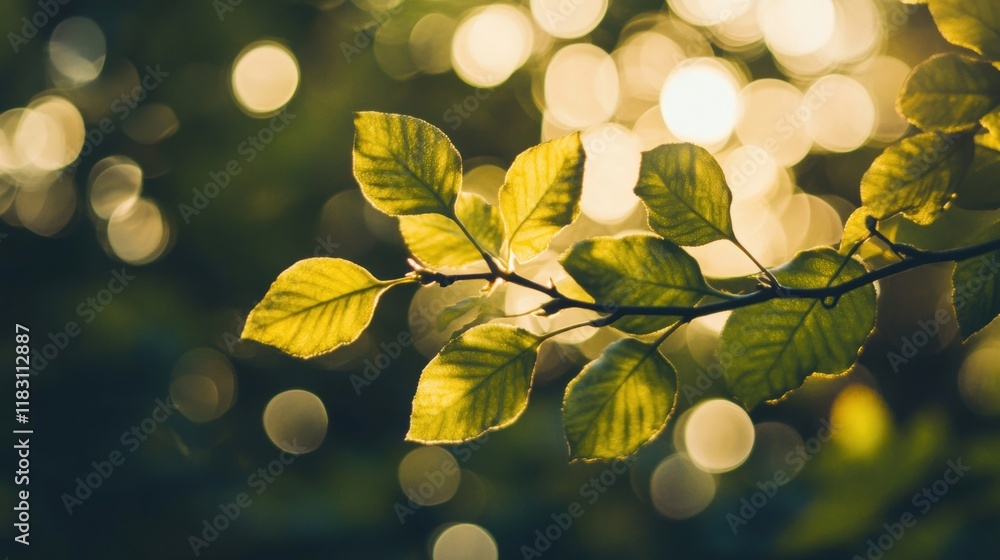 Poster sunlight filters through vibrant green leaves, casting a warm glow amidst a backdrop of soft bokeh e