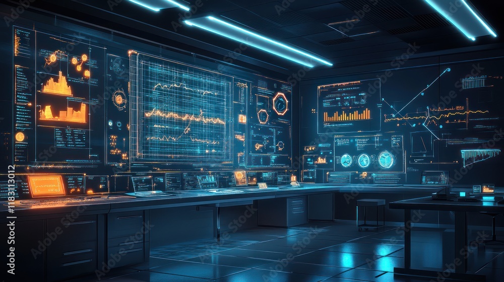 Poster futuristic control room with holographic displays showing data analytics.