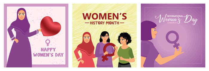 Diverse Women's Day illustrations featuring empowerment and feminine symbols.