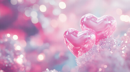 Fototapeta premium Soft Pink and Glossy Romantic Hearts in a Pastel Fantasy Sky with Glitter Details
