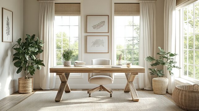 Sunlit home office with wooden desk, plants, and natural decor. - Powered by Adobe