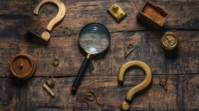 Rugged mystery wooden background with question marks and magnifying glasses for escape room design