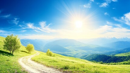 Obraz premium Sunny Mountain Road Winding Through Green Hillscape