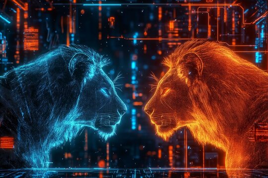 Holographic lions in neon glow  a cyberpunk encounter in a futuristic high tech environment - Powered by Adobe