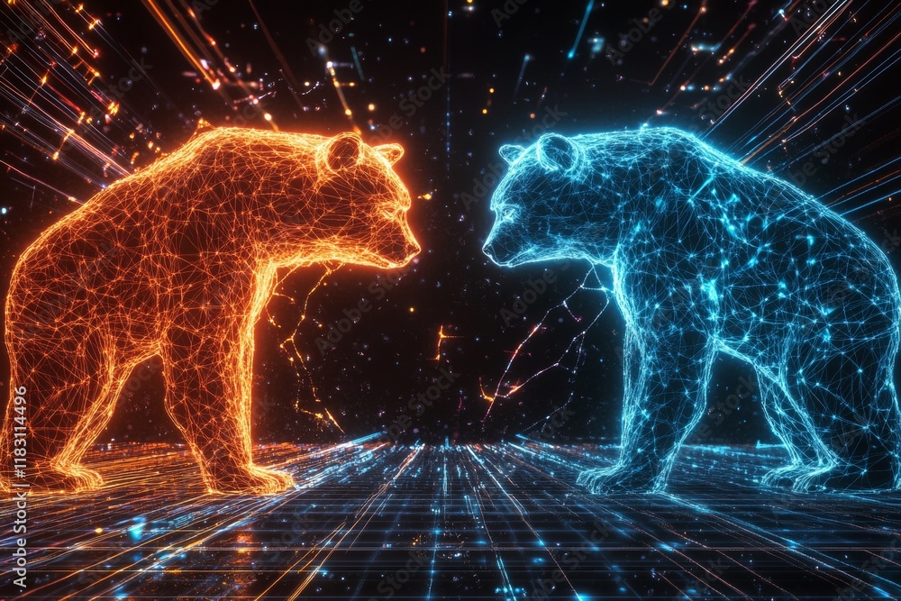 Poster futuristic digital art of two neon bears in a cyberpunk landscape with glowing data streams