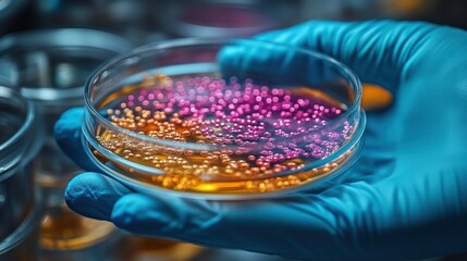 A gloved hand holds a petri dish with colorful beads, suggesting experimentation in a scientific lab.
