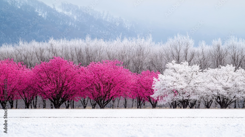 Poster a row of pink and white trees are in a snowy field