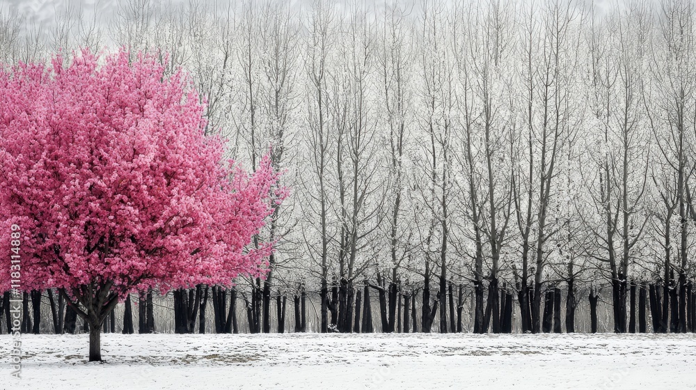 Poster a tree with pink leaves stands in front of a row of trees