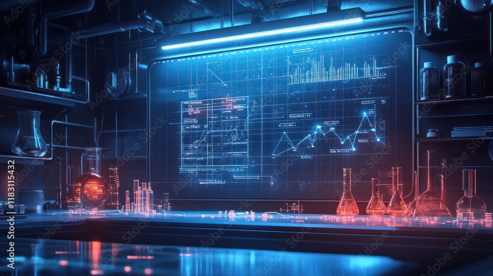 Poster futuristic lab with holographic data display.