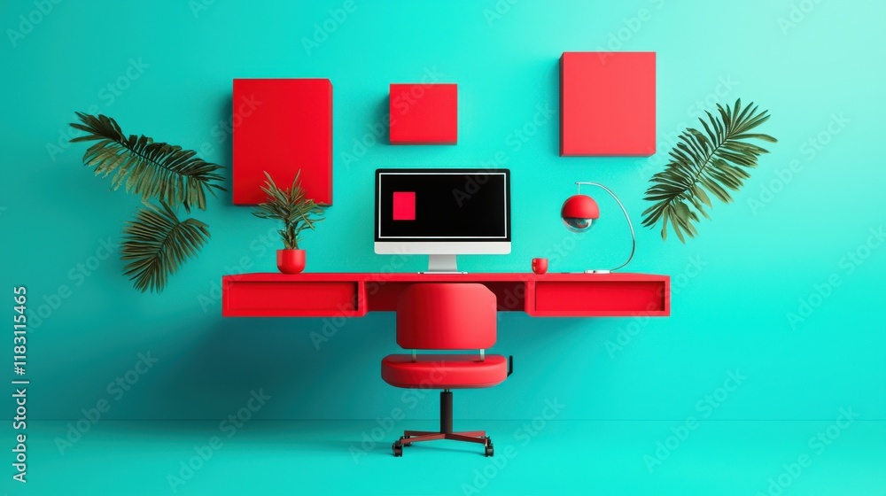 Poster a red chair is in front of a computer monitor