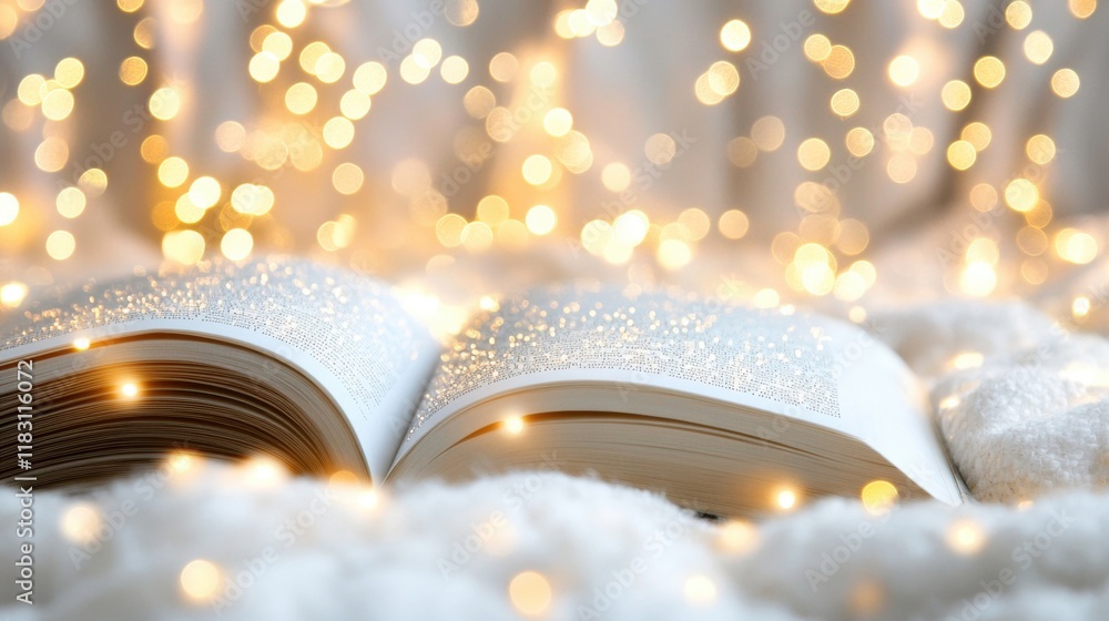 Aufkleber an open book glimmers with sparkling bokeh lights, creating a magical atmosphere in a cozy environme