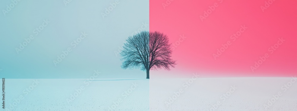 Poster a tree is in the middle of a field with a pink and blue background