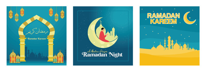 Set of Ramadan Kareem and night celebration designs with lanterns and mosques.