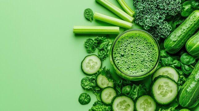 A glass of green juice is on a table with a variety of vegetables including cucu