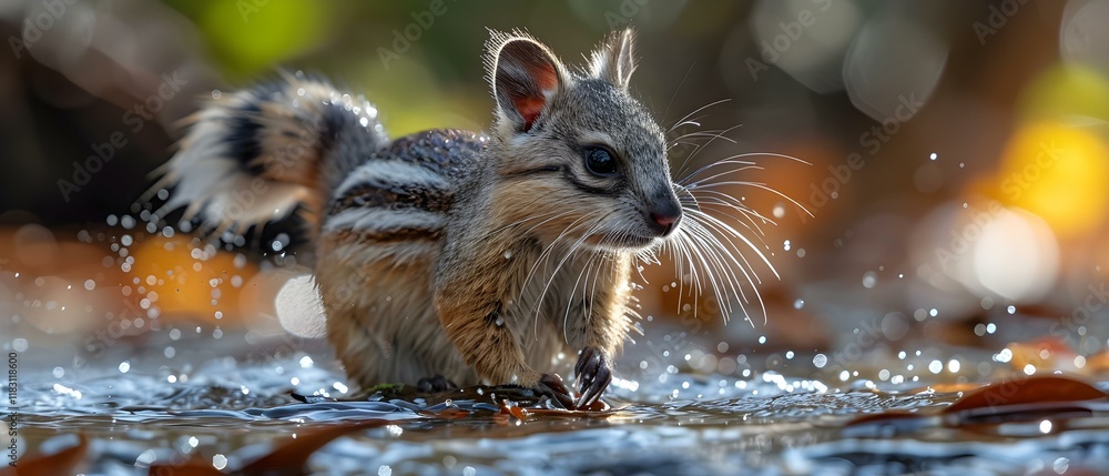Poster small agile creature moving through water with splashes and bokeh effect