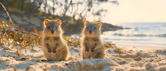 Obraz premium Two Adorable Animals on Sandy Beach at Sunset with Ocean Background