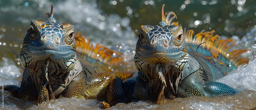 Poster two colorful lizards on shoreline with waves in background