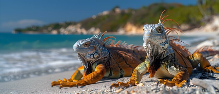 Pair of Colorful Iguanas Relaxing on Sandy Beach by Turquoise Water