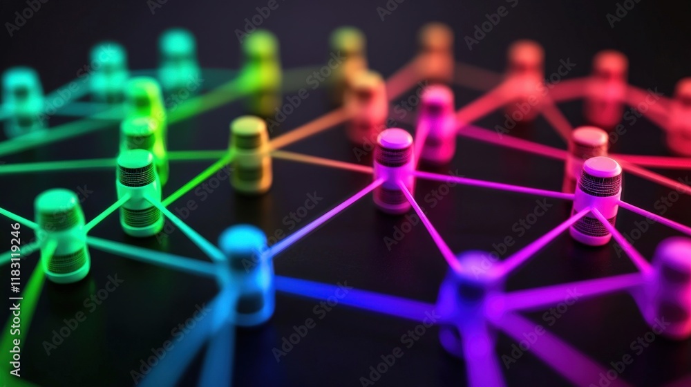 Poster a colorful network of small objects, including bottles and balls