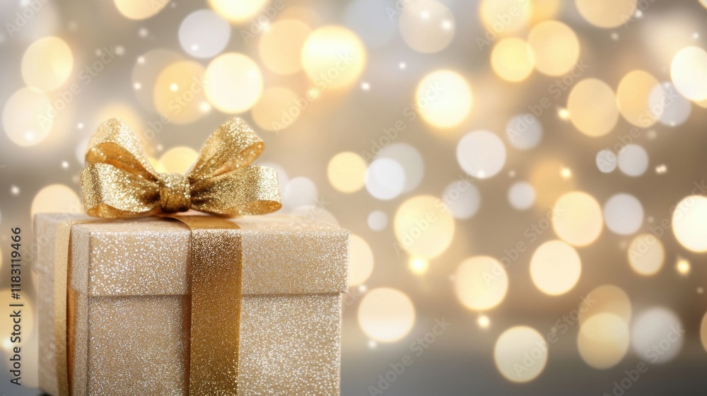 Poster gift box adorned with a golden bow sits in a colorful, sparkling environment, creating a warm and ce