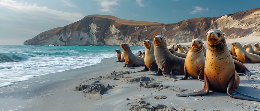 Group of Sea Lions Relaxing on Sandy Beach with Scenic Coastal Landscape