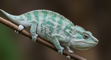 Obraz premium Elegant Green Chameleon on Branch Reptile Wildlife Closeup