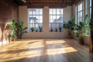 Fototapeta premium Sunlit spacious room with hardwood floors, large windows, and potted plants. Ideal for showcasing tranquility, wellness, or minimalist living spaces.