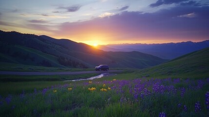 Obraz premium SUV at Sunset Over Rolling Mountain Landscape