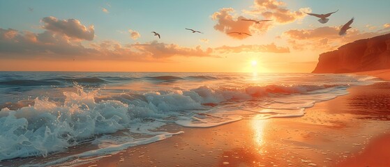 Serene Sunset Over Ocean Waves with Seagulls Soaring in the Sky