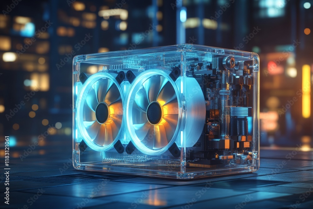 Poster translucent cube with internal fans and engine against a blurry night cityscape in 3d rendering