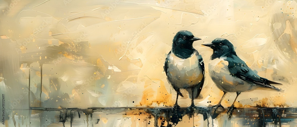 Poster two colorful birds on a branch with abstract background and soft tones