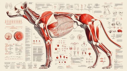 Detailed canine anatomy chart showing skeletal and muscular systems.