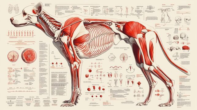 Detailed canine anatomy chart showing skeletal and muscular systems.