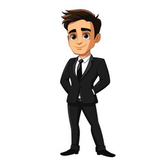 Obraz premium A cartoon businessman in a black suit with his hands in his pockets.